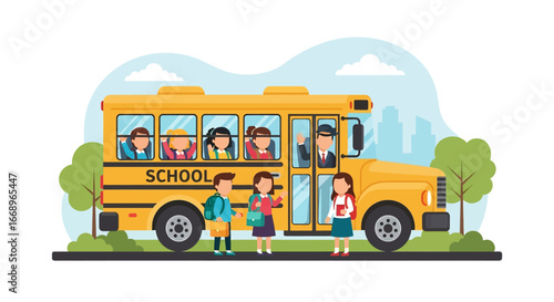 flat style vector illustration of children boarding a yellow school bus with a driver greeting them, symbolizing education, student transportation, childhood routine, and safe travel to school