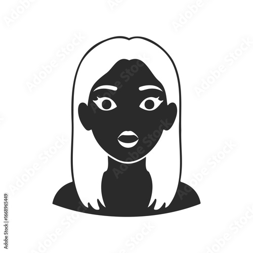 Monochrome female silhouette with long hair and expressive eyes