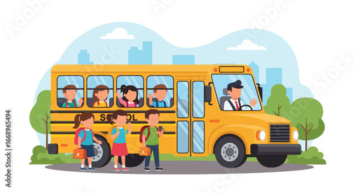 flat style vector illustration of children boarding a yellow school bus with a driver greeting them, symbolizing education, student transportation, childhood routine, and safe travel to school
