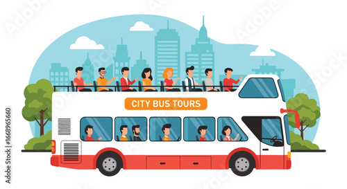 Adobe Illustrator Artwork Vector illustration of a double-decker city tour bus with tourists enjoying sightseeing from the open top deck, highlighting travel, tourism, and urban exploration