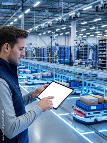 a male warehouse worker wearing a blue vest, holding and looking at a tablet with a blank screen while automated robots and conveyor belts operate in a large, futuristic industrial warehouse