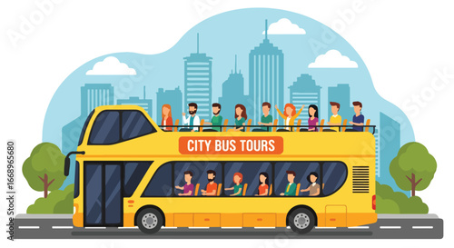 Adobe Illustrator Artwork Vector illustration of a double-decker city tour bus with tourists enjoying sightseeing from the open top deck, highlighting travel, tourism, and urban exploration