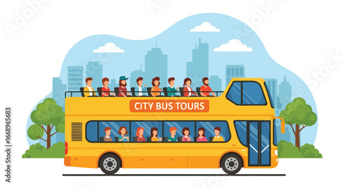 Adobe Illustrator Artwork Vector illustration of a double-decker city tour bus with tourists enjoying sightseeing from the open top deck, highlighting travel, tourism, and urban exploration