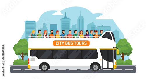 Adobe Illustrator Artwork Vector illustration of a double-decker city tour bus with tourists enjoying sightseeing from the open top deck, highlighting travel, tourism, and urban exploration