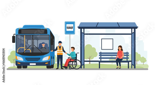Vector illustration of a transport worker assisting a man in a wheelchair at a bus stop with accessibility signs, promoting inclusive urban transportation and community support