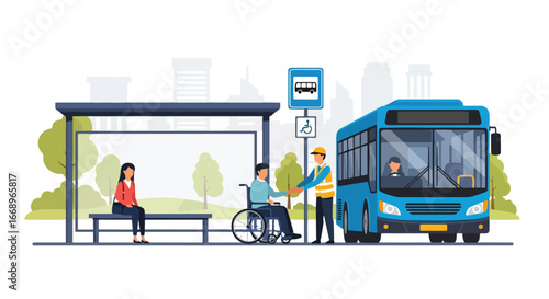 Vector illustration of a transport worker assisting a man in a wheelchair at a bus stop with accessibility signs, promoting inclusive urban transportation and community support