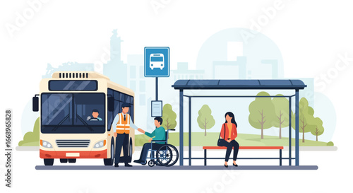 Vector illustration of a transport worker assisting a man in a wheelchair at a bus stop with accessibility signs, promoting inclusive urban transportation and community support