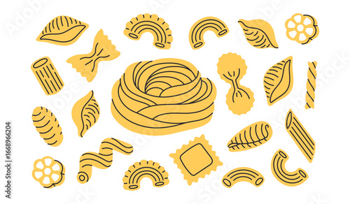 Different types of pasta. Hand drawn doodle macaroni, farfalle, penne, fusilli, stellino, ruot, ditalini. Italian cuisine gourmet food elements. Vector illustration in trendy flat style