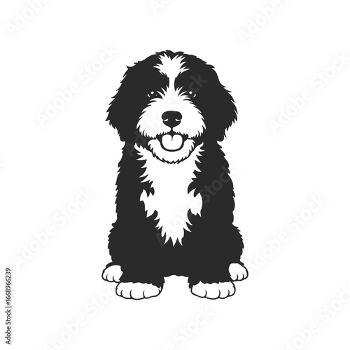 Cute black and white fluffy dog sitting playfully
