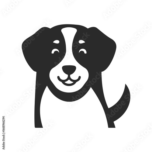 Happy black and white cartoon dog icon with wagging tail