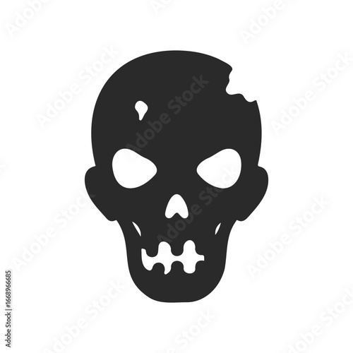 Black silhouette of a skull with missing teeth and cracked head on white background