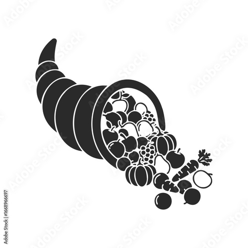 Cornucopia silhouette with harvest fruits and vegetables overflowing