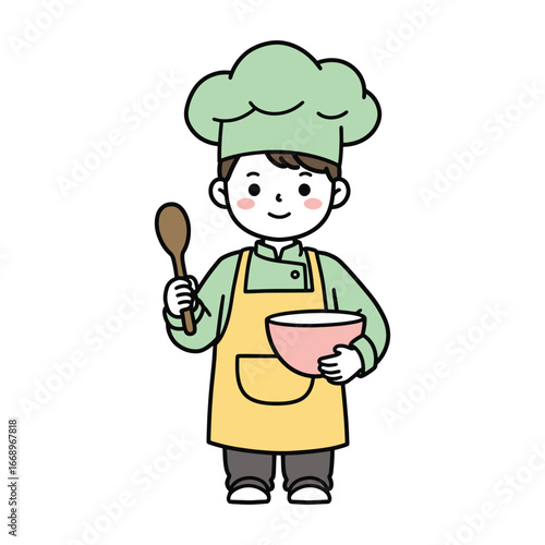 Cheerful chef with bowl and spoon ready for baking delicious food