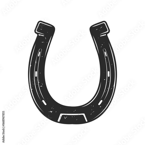 Grunge black horseshoe illustration on white background for luck and tradition