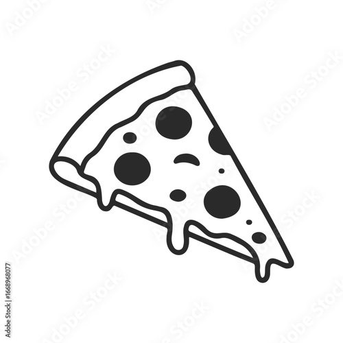 Black and white pizza slice cartoon with melting cheese and pepperoni