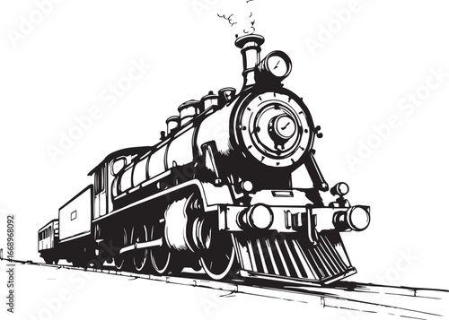 Steam locomotive, retro, vitnage, transport. Hand drawn vector illustration	