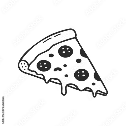 Simple black and white pizza slice with melting cheese and pepperoni