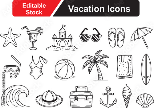 Vacation Vector Icon Set, Travel, Holiday, Beach, Palm Trees, Adventure, Summer, Tourism, Relaxation Icons
