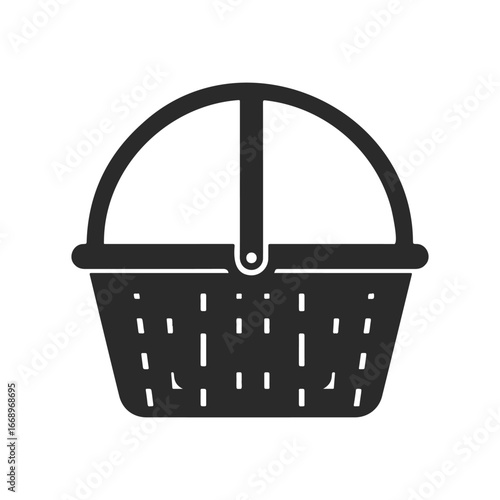 Black picnic basket icon with handle on white background