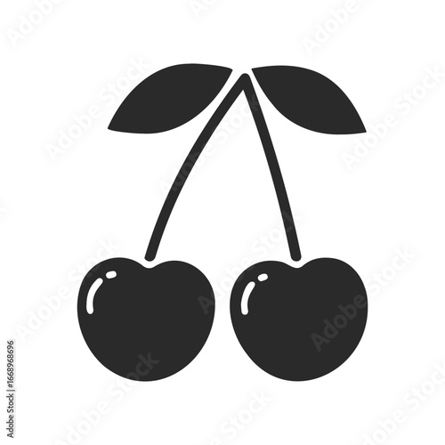 Silhouette of two cherries with leaves on stems