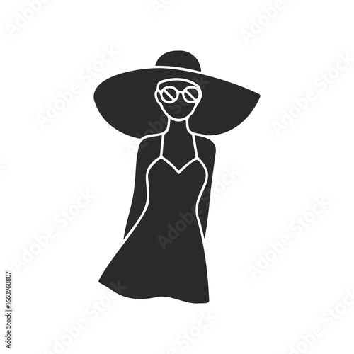 Stylish female silhouette in hat and sunglasses with dress