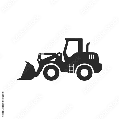 Black silhouette of a front loader on a white background