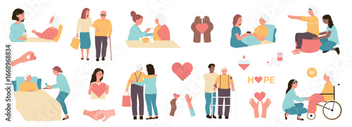 Physiotherapy, rehabilitation, elderly care set vector illustration. Cartoon caregivers and old patients walking with walker and stick, carer feeding senior lady, giving assistance, support and help
