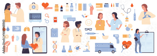 Medicine set vector illustration. Cartoon medical collection with doctors and patients characters in hospital and ambulance, pills from drugstore and first aid kit, syringe and thermometer, vaccine