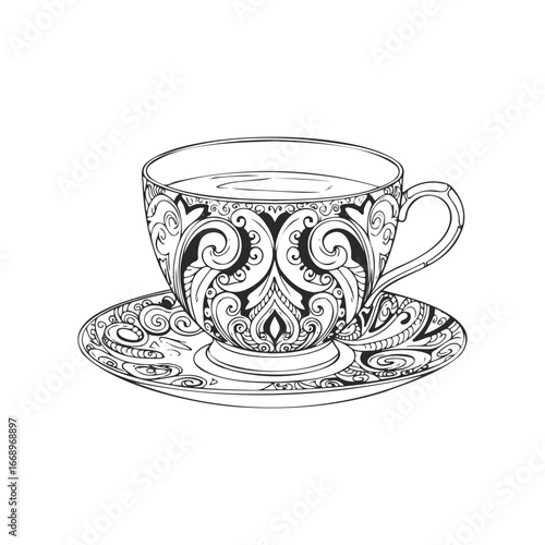 Intricate hand-drawn teacup with ornamental patterns on saucer
