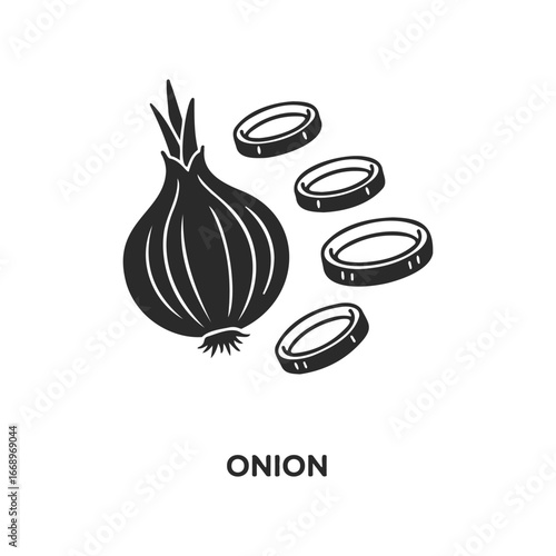 Black and white graphic of whole onion with slices