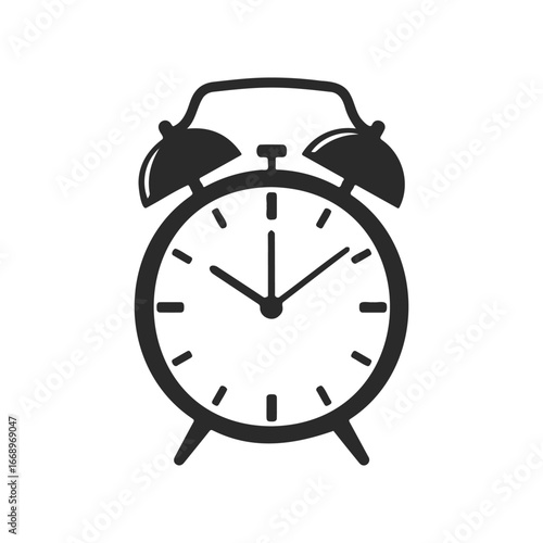 Classic black alarm clock icon on white background with bells and hands indicating time