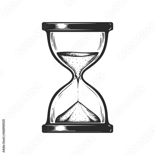 Vintage black and white hourglass illustration with flowing sand
