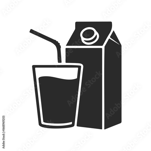Black and white icon of juice carton and glass with straw