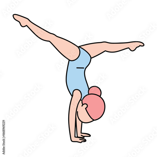 Gymnast performing handstand in blue leotard, fitness and balance