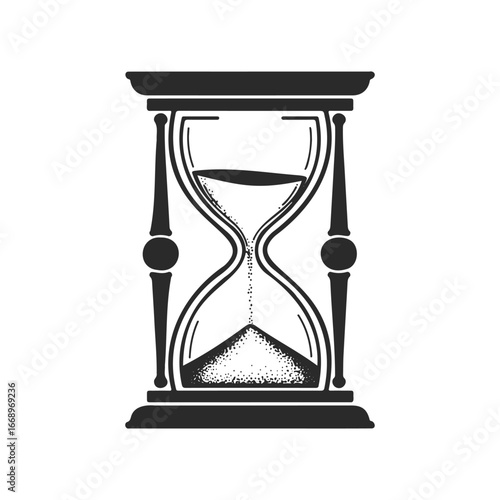 Classic black and white hourglass with flowing sand on white background