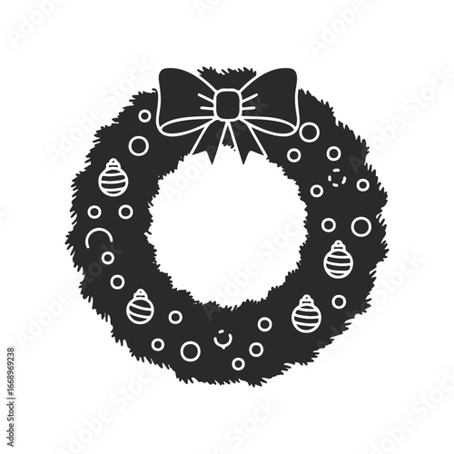 Christmas wreath outline with bow and ornament decorations in black and white
