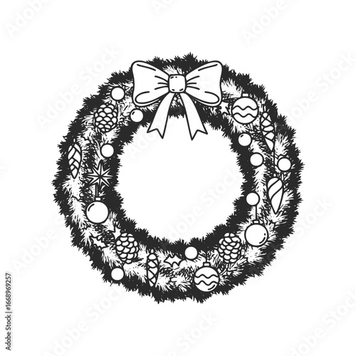Festive holiday wreath with bow, ornaments, and pinecones outline on white background