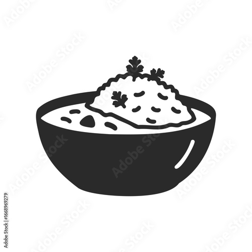 Black and white silhouette of rice bowl with garnish