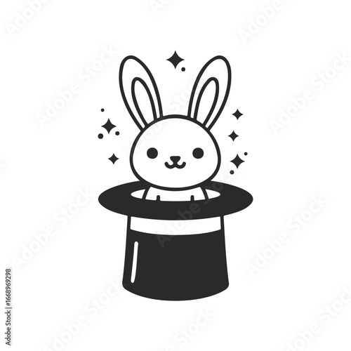 Cartoon rabbit popping out of a magic hat with sparkles around