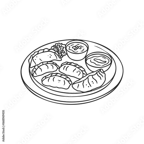 Plate of dumplings with dipping sauces - tasty asian cuisine illustration