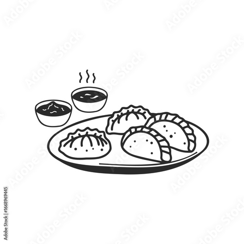 Steaming dumplings and savory tacos with dipping sauces illustration