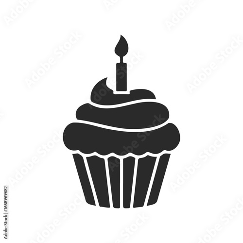 Black silhouette cupcake with candle celebrating birthday