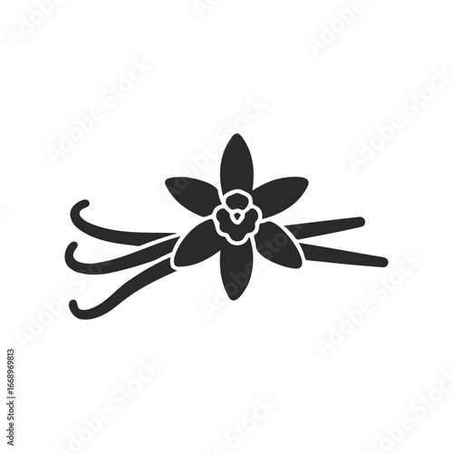 Vanilla bean pod icon with flower silhouette on white background