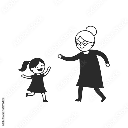 Happy interaction between elderly caucasian female and young child in minimalist style