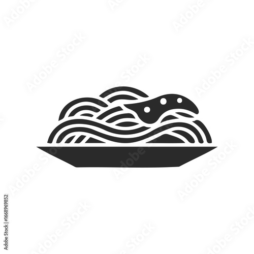 Monochrome spaghetti icon on plate with tomato sauce