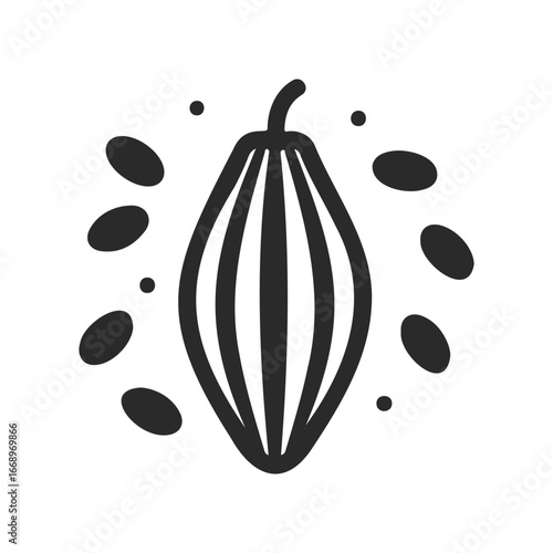 Cocoa bean pod and seeds icon in black and white