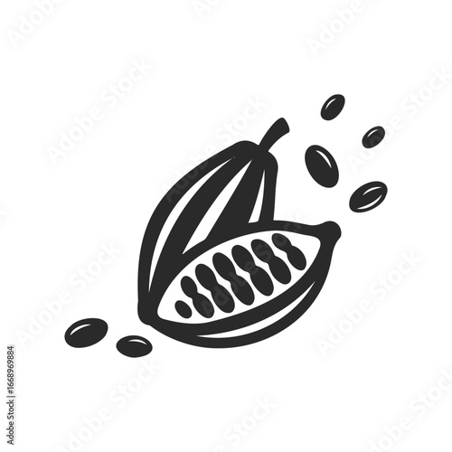 Monochrome cocoa pod illustration with cocoa beans