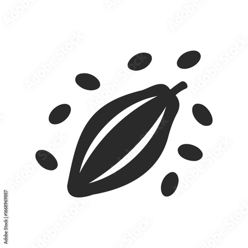 Cacao pod and beans icon in minimalist black on white design