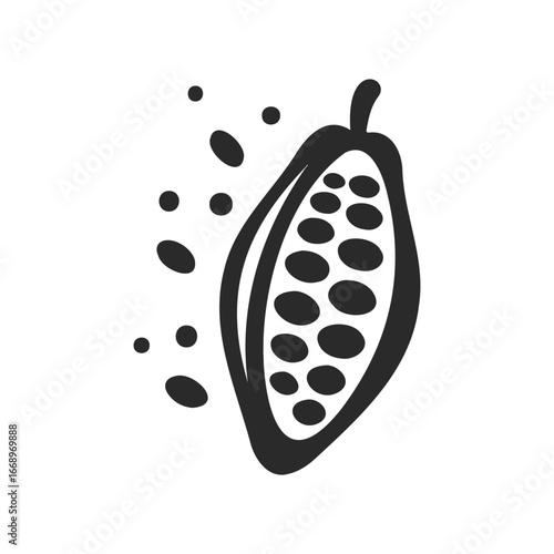 Black and white cacao pod icon with open seeds