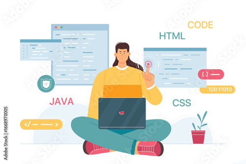 Work of developer and coder with software vector illustration. Cartoon character working with interactive interface, engineer coding program with computer language, programming with network clouds
